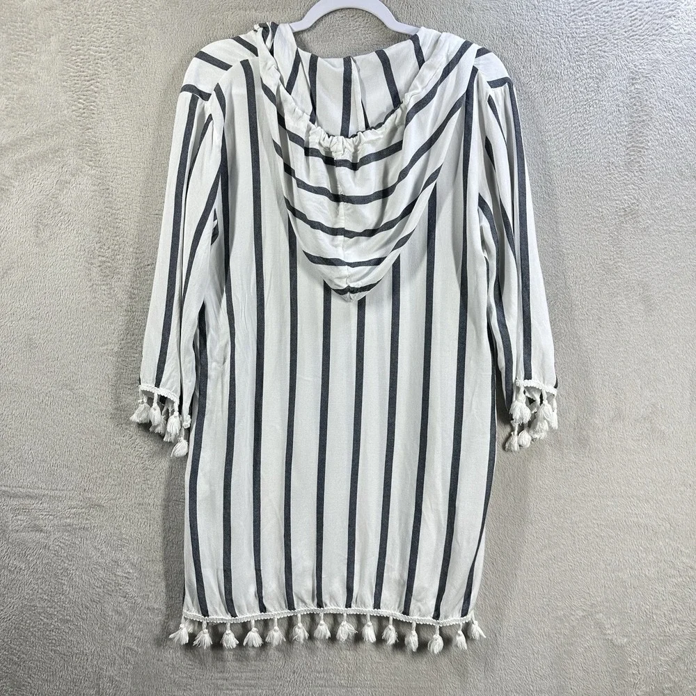 Sigrid Olsen Hooded Beach Cover Up Sz S White Blue‎ Stripes Tassels Swim pool